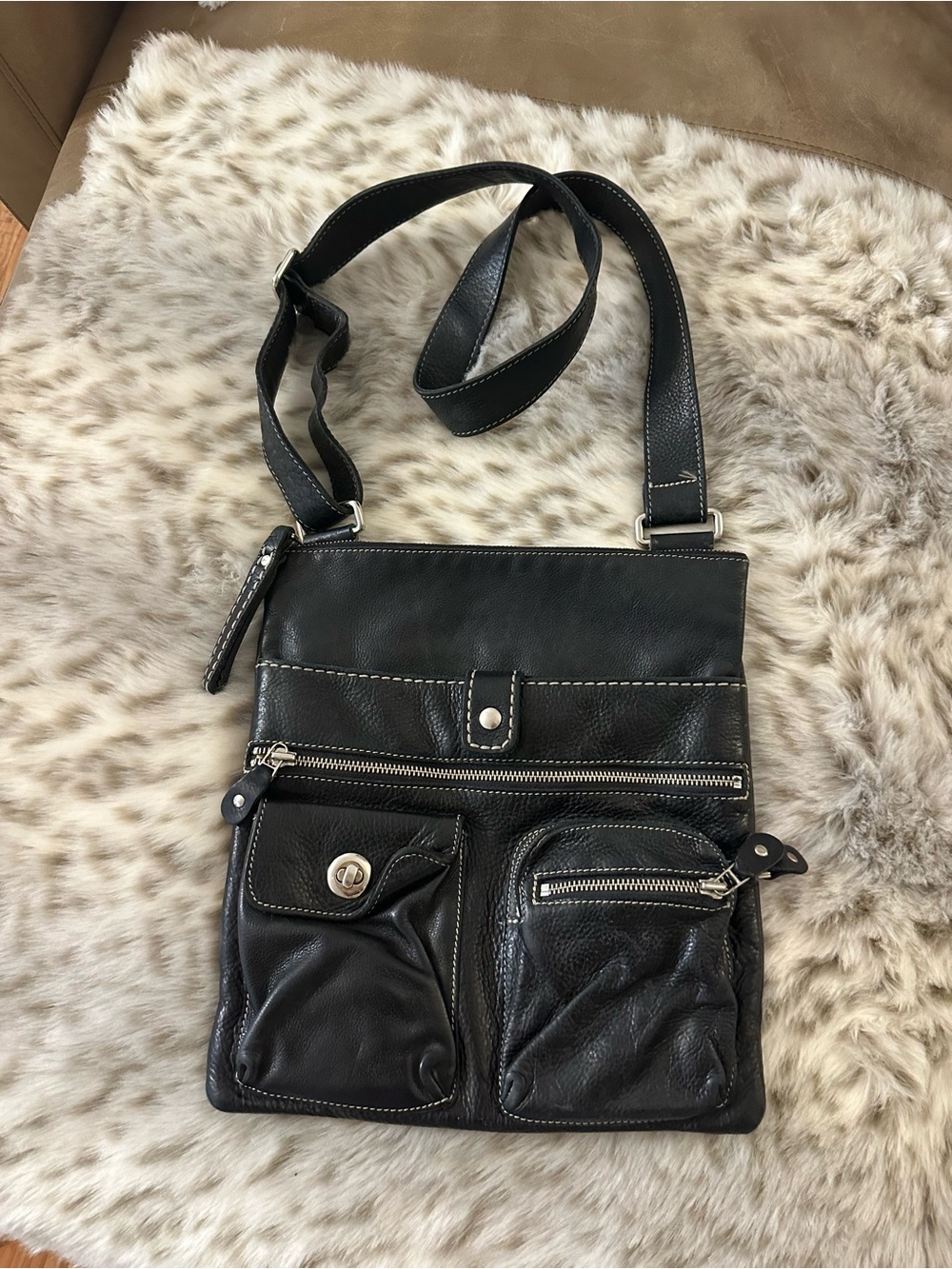 Roots Black Genuine Leather “Villager” Multi-Pocket Crossbody Bag